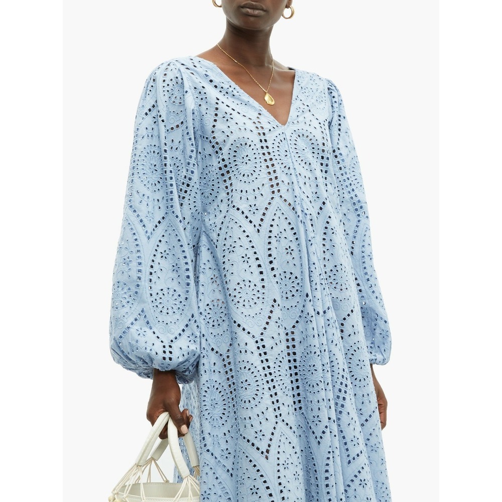 NWT GANNI Broderie Anglaise Eyelet Lace Midi Dress Light Blue EU 32/ US 0 $475 - Picture 3 of 16